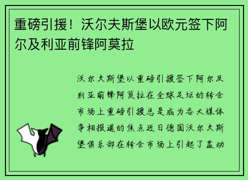 重磅引援！沃尔夫斯堡以欧元签下阿尔及利亚前锋阿莫拉